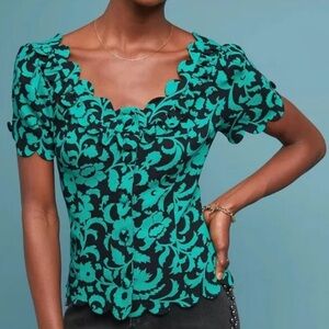 Anthropologie Maeve Teal & Black Floral Top